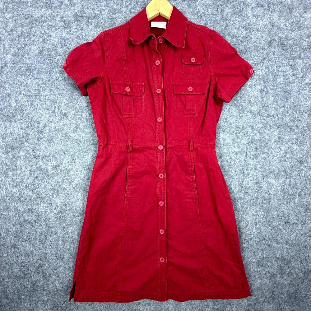 Vintage Liz Claiborne Petite Shirt Dress Women 6 Red Cotton Button Front Utility